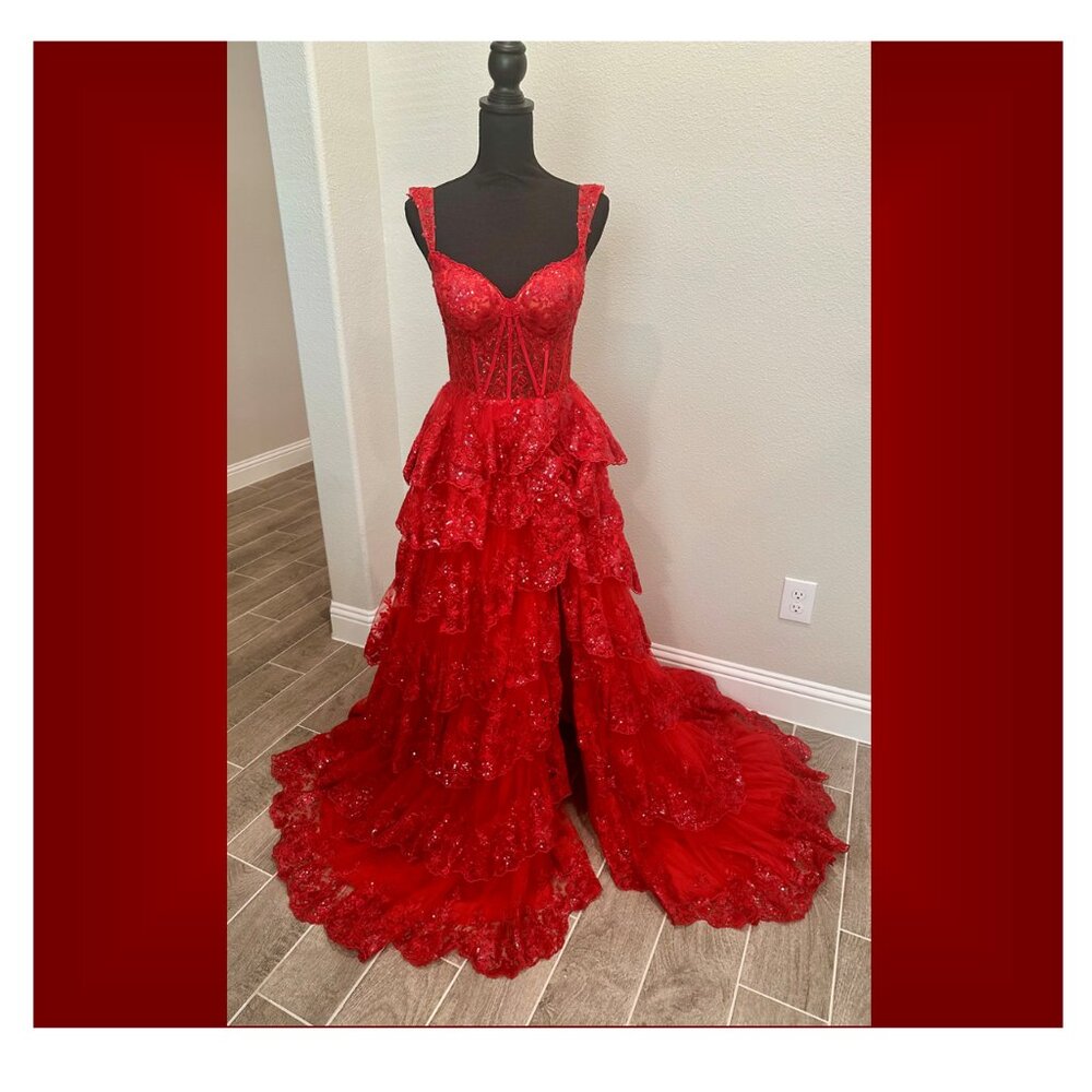 Sherri Hill Sequin Ruffle A-Line Prom Dress RED size 8